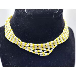 Woven Beaded Choker Collar Yellow and white 14in